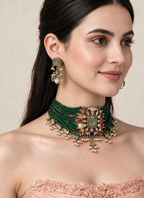 Gold plated kundan multistone beaded choker earring set 1