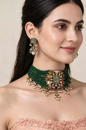 Gold plated kundan multistone beaded choker earring set