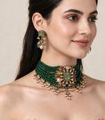 Gold plated kundan multistone beaded choker earring set