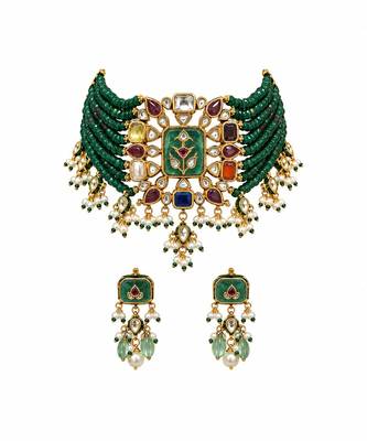 Gold plated kundan multistone beaded choker earring set 2