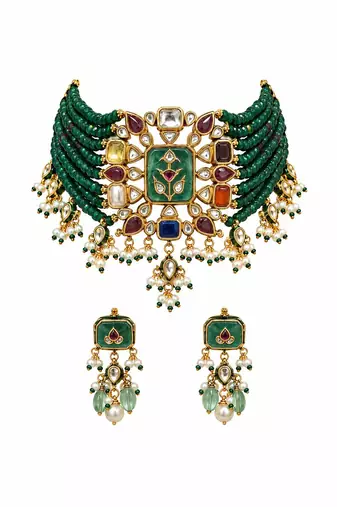Gold plated kundan multistone beaded choker earring set