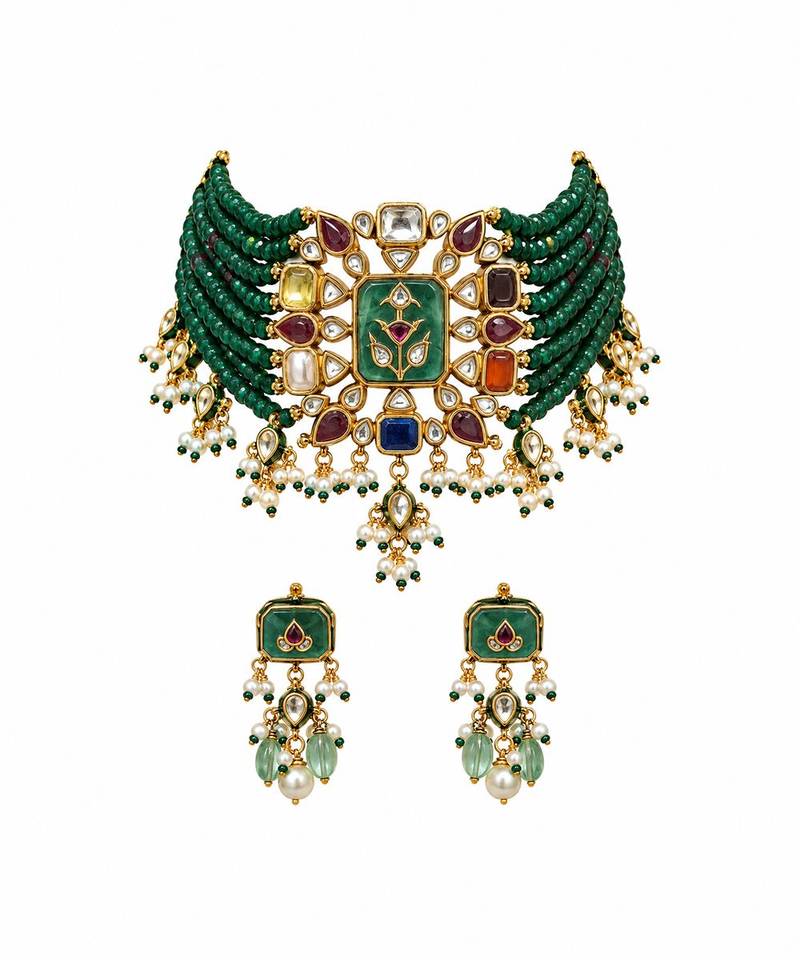 Gold plated kundan multistone beaded choker earring set