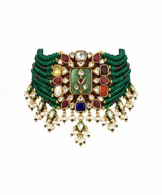 Gold plated kundan multistone beaded choker earring set 3