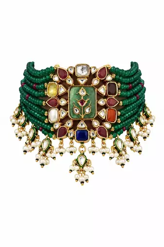 Gold plated kundan multistone beaded choker earring set