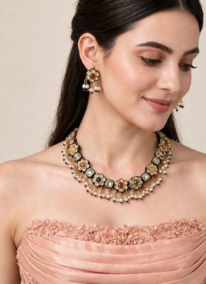 Gold plated navratna kundan floral necklace earring set 1