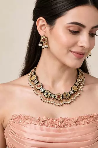 Gold plated navratna kundan floral necklace earring set