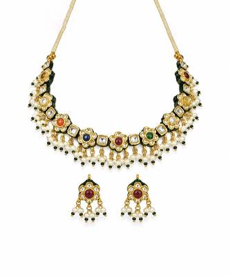 Gold plated navratna kundan floral necklace earring set 2