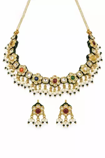 Gold plated navratna kundan floral necklace earring set