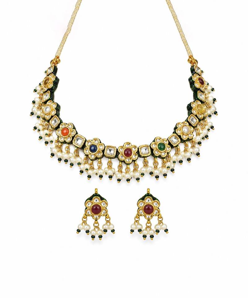 Gold plated navratna kundan floral necklace earring set