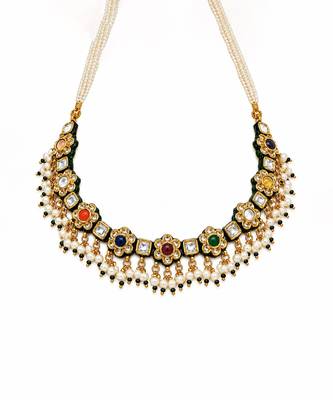 Gold plated navratna kundan floral necklace earring set 3