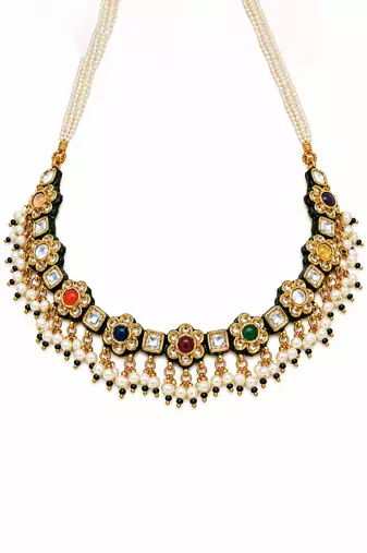 Gold plated navratna kundan floral necklace earring set