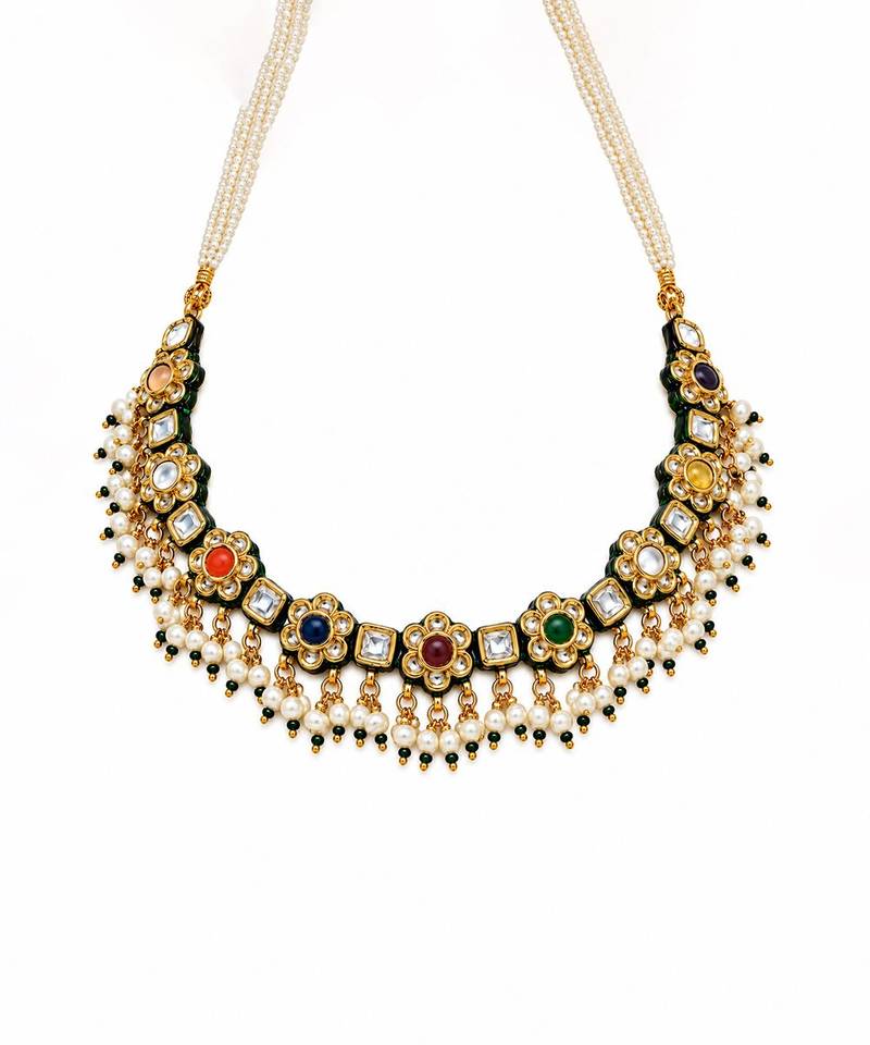 Gold plated navratna kundan floral necklace earring set