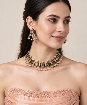 Gold plated navratna kundan pearl necklace earring set 1