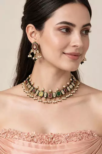 Gold plated navratna kundan pearl necklace earring set