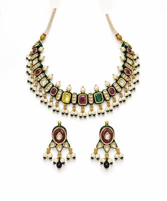 Gold plated navratna kundan pearl necklace earring set 2