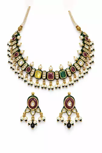 Gold plated navratna kundan pearl necklace earring set
