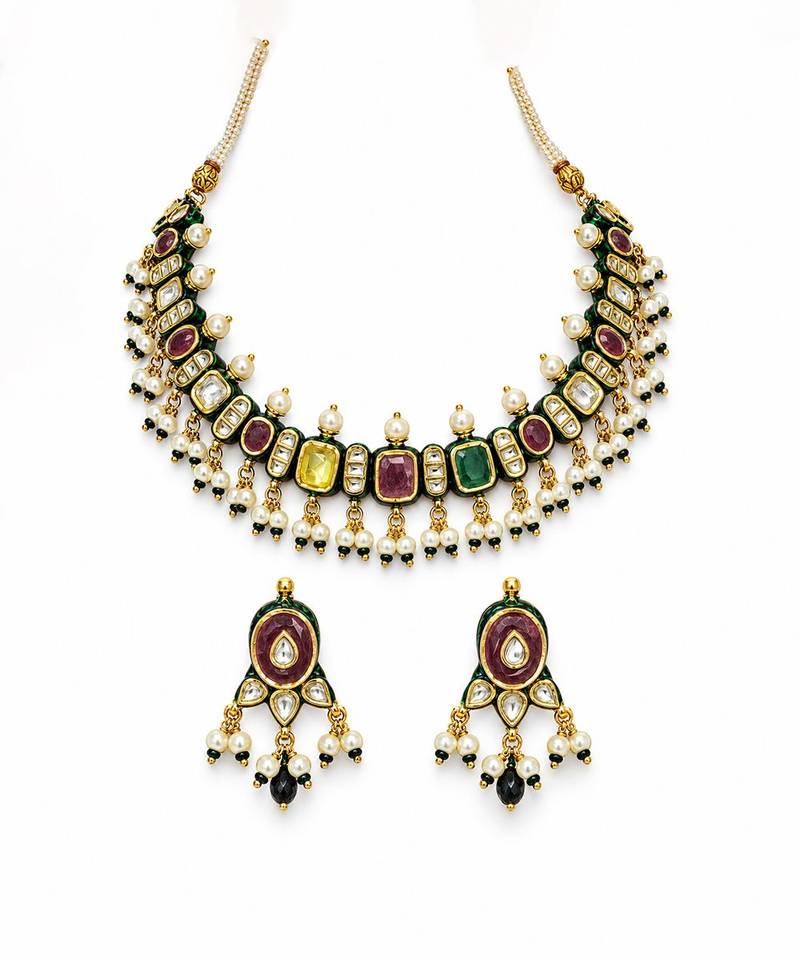 Gold plated navratna kundan pearl necklace earring set