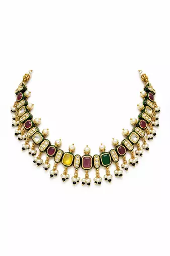 Gold plated navratna kundan pearl necklace earring set