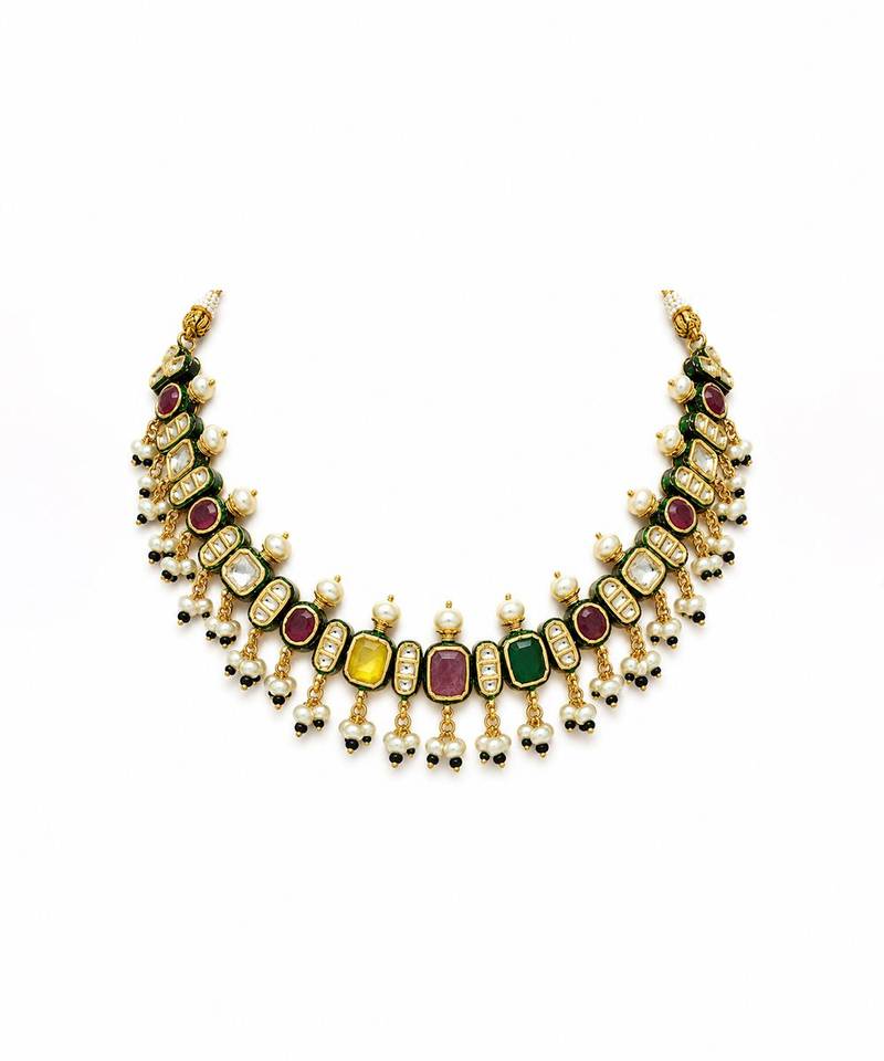 Gold plated navratna kundan pearl necklace earring set