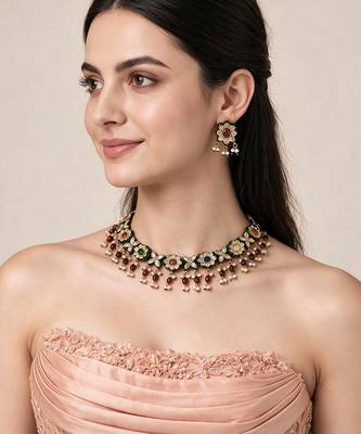 Gold plated navratna kundan floral necklace earring set 1