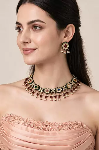 Gold plated navratna kundan floral necklace earring set