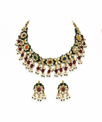 Gold plated navratna kundan floral necklace earring set 2