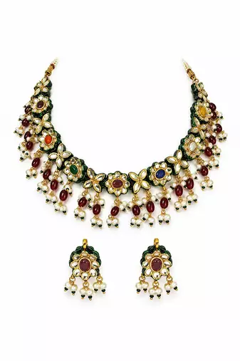 Gold plated navratna kundan floral necklace earring set