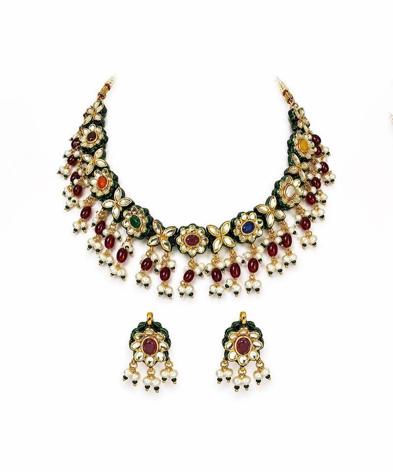 Gold plated navratna kundan floral necklace earring set