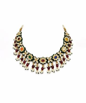 Gold plated navratna kundan floral necklace earring set 3