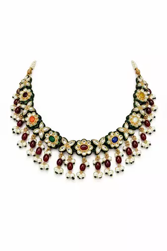 Gold plated navratna kundan floral necklace earring set