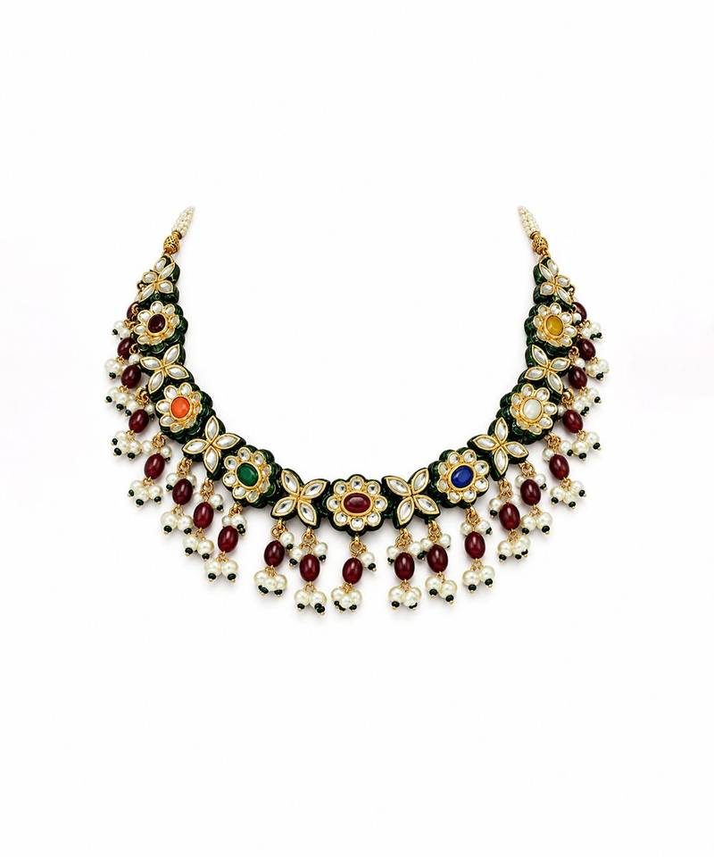 Gold plated navratna kundan floral necklace earring set