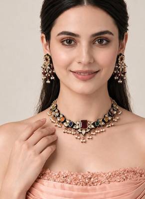 Gold plated navratna kundan pearl necklace set 1