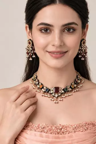Gold plated navratna kundan pearl necklace set