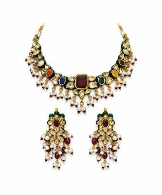 Gold plated navratna kundan pearl necklace set 2
