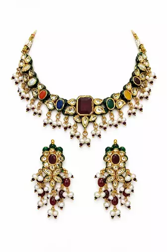Gold plated navratna kundan pearl necklace set
