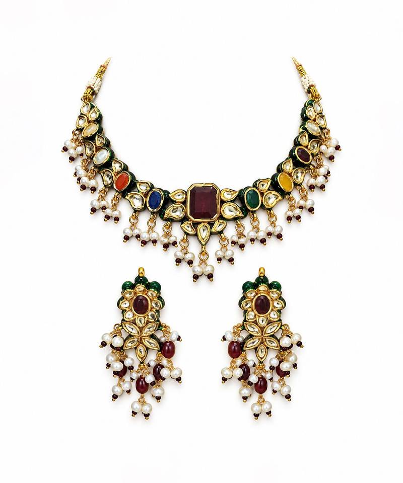 Gold plated navratna kundan pearl necklace set