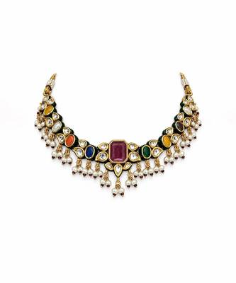 Gold plated navratna kundan pearl necklace set 3