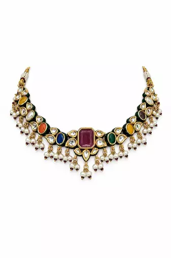 Gold plated navratna kundan pearl necklace set