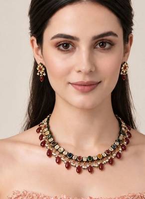 Gold plated navratna kundan pearl necklace set 1