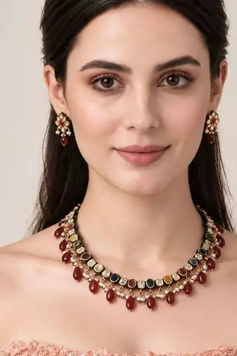 Gold plated navratna kundan pearl necklace set