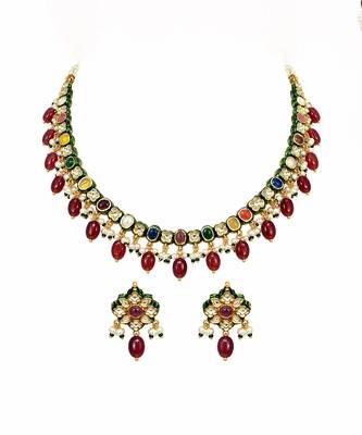 Gold plated navratna kundan pearl necklace set 2