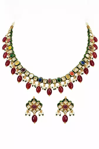 Gold plated navratna kundan pearl necklace set