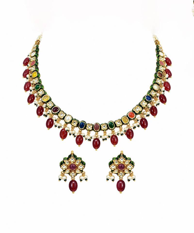 Gold plated navratna kundan pearl necklace set