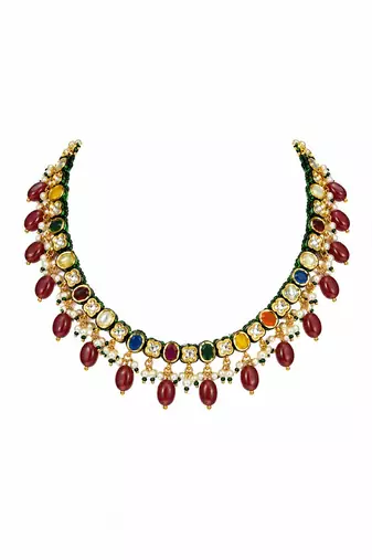 Gold plated navratna kundan pearl necklace set