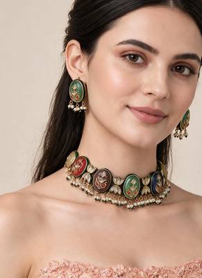 Gold plated navratna multicolor kundan choker earring set 1