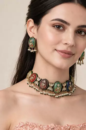 Gold plated navratna multicolor kundan choker earring set
