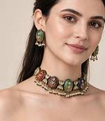 Gold plated navratna multicolor kundan choker earring set