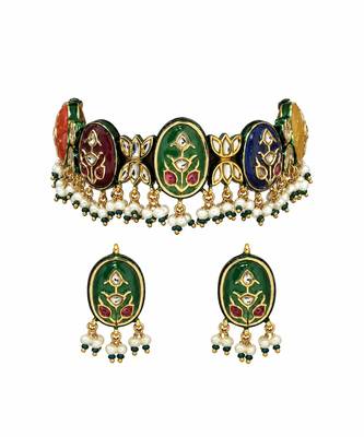Gold plated navratna multicolor kundan choker earring set 2