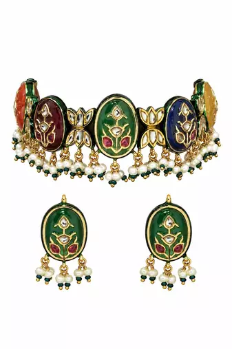 Gold plated navratna multicolor kundan choker earring set