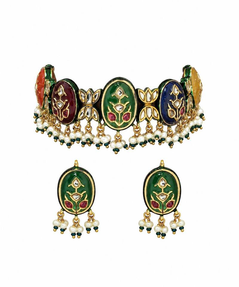 Gold plated navratna multicolor kundan choker earring set